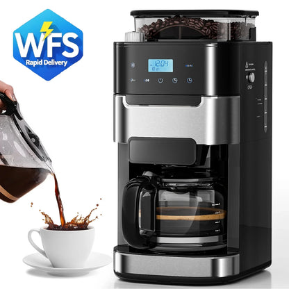 Auseo 10-Cup Drip Coffee Maker with Grinder, Automatic Brew, 3 Brew Strength Options, Warming Plate, Touch Screen, 1.5L Water Tank, Black