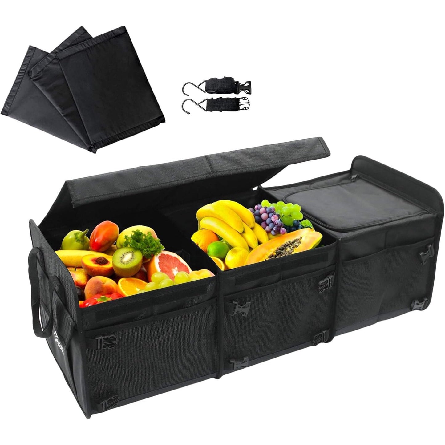 Convertible Large 3 Compartment SUV Trunk Organizer with Cover | Truck Bed Organizer | for Trucks, Cars, SUVs and Groceries with Tie Down Straps. (6 in 1 with Cover, Black)