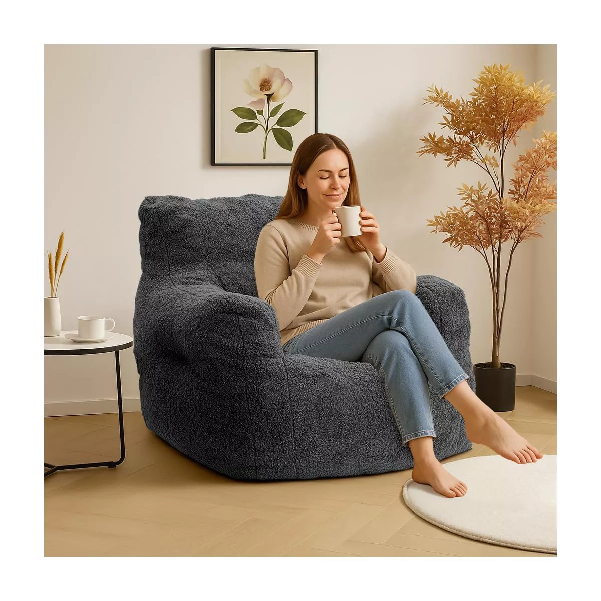Hooseng Bean Bag Chair, Bean Bag Sofa Chair with Armrests, Fluffy and Lazy Sofa with backrest, Comfy Cozy BeanBag Chairs