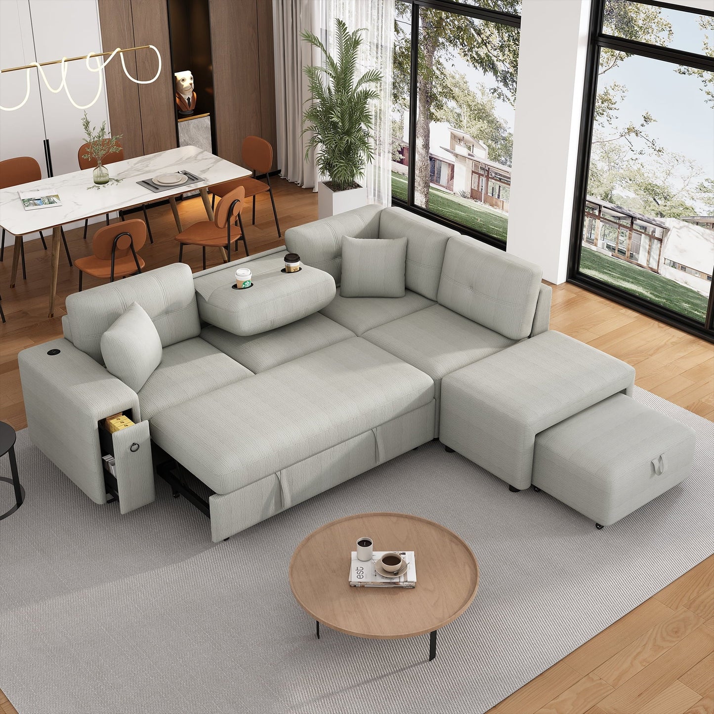 Churanty Sectional Sleeper Sofa with Pull Out Bed, L-Shape Sectional Corner Couch with Movable Ottoman, Chenille Sectional Sofa with USB Ports and Cup Holders for Living Room, Grey