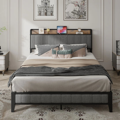 PAPROOS Full Bed Frame with Storage Headboard and Charging Station, Full Size Upholstered Platform Bed, No Box Spring Needed, Gray
