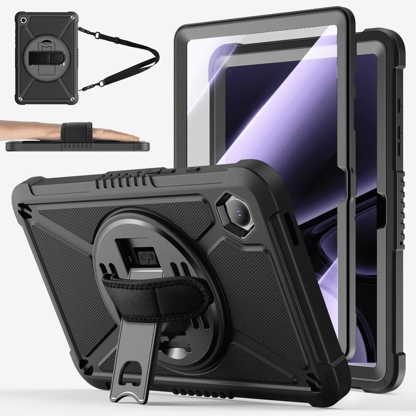 Cases for Samsung Galaxy Tab A9+/ A9 Plus 11" 2023, Shockproof Hard Duty Case with 360 Rotating Hand Strap & Stand, Shoulder Strap for SM-X210/ X216/ X218, Black