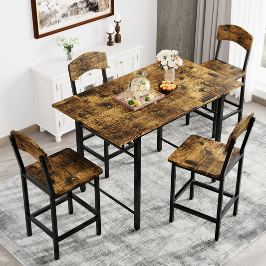 PAPROOS 5-Piece Counter Height Dining Table and Chairs Set, Brown Finish Drop Leaf Dinner Table and 4 Chairs Set for Kitchen Dining Room Breakfast Nook, Farmhouse Dining Table Set with Black Frame