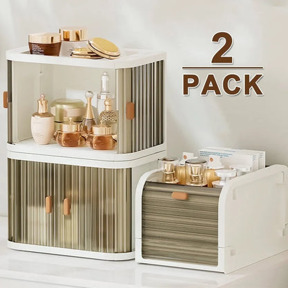 ARCTICICE 2-Pack Collapsible Desk Organizer, Make Up Storage Bins with Lids, Stackable Bathroom Kitchen Drawer Vanity Makeup Cabinet Organizer and Storage Boxes