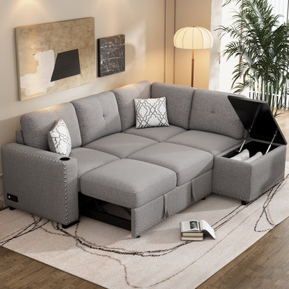 Churanty Pull Out Sofa Bed with Storage Chaise,Reversible Sectional Sofa,L-Shaped Corner Sofa with USB Ports,Power Sockets and Cup Holder,Light Gray