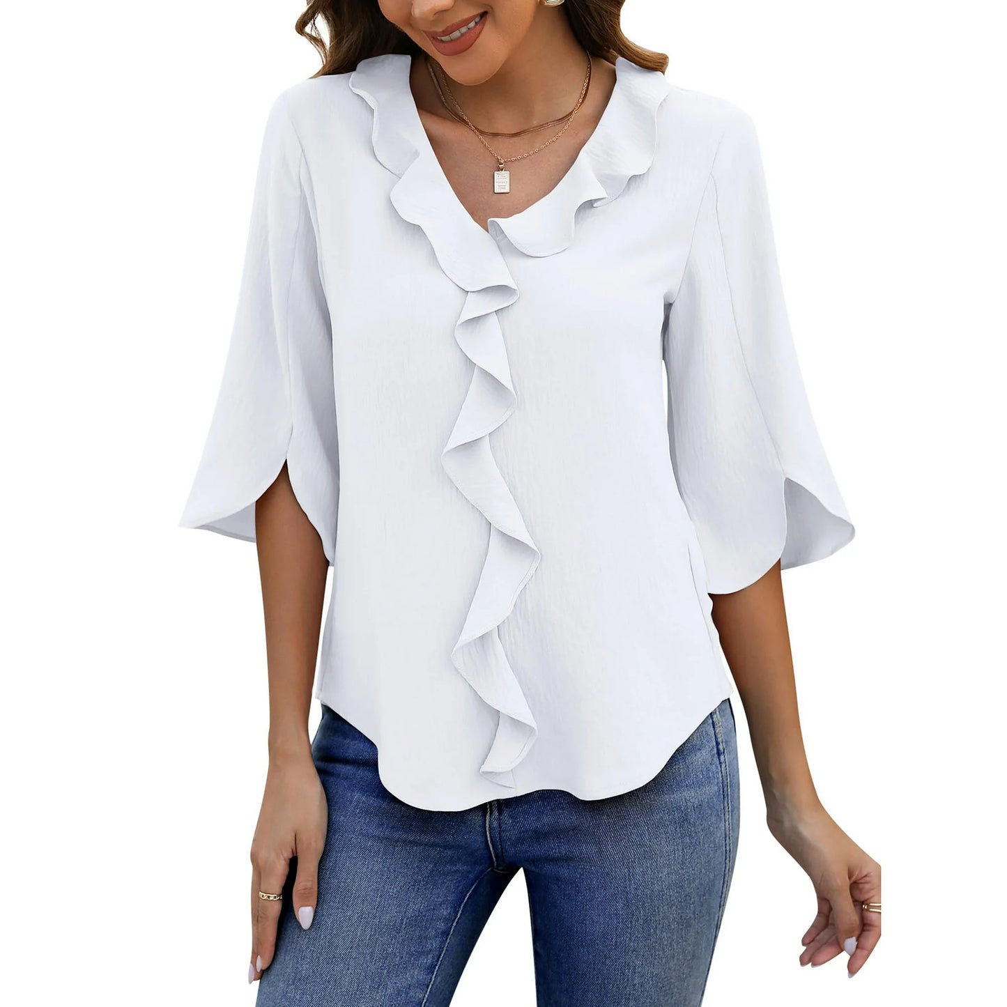 UVN Chiffon Blouses for Women Dressy Ruffle V Neck Tops Summer Casual Half Sleeve Shirts