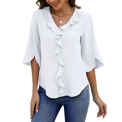 UVN Chiffon Blouses for Women Dressy Ruffle V Neck Tops Summer Casual Half Sleeve Shirts