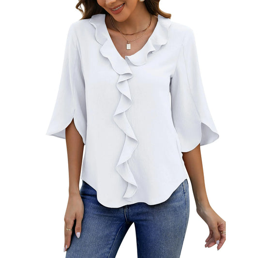 UVN Chiffon Blouses for Women Dressy Ruffle V Neck Tops Summer Casual Half Sleeve Shirts