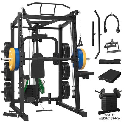 Mikolo Smith Machine with 120LBS Weight Stack, 2000LBS Power Cage Squat Rack, Pec Deck Machine with LAT Pull-Down, Cable Crossover with Dual Pulley Functional Trainer for Home gym
