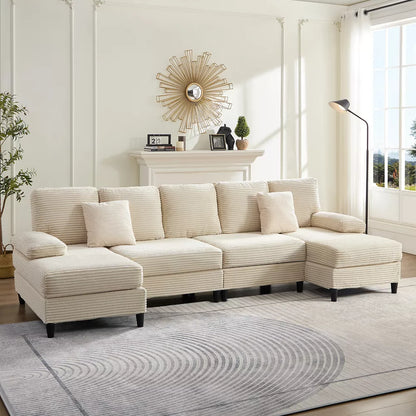 Mjkone 112" U Shaped Sectional Couches, Corduroy Sectional Sofa with Double Chaises and Sleepable Armrests, Large 4 Seater Sofa