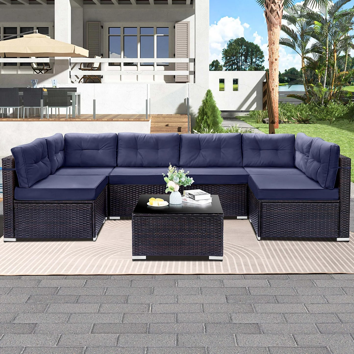 7 Piece Rattan Sectional Sofa Set, Outdoor Conversation Set, All-Weather Wicker Sectional Seating Group with Cushions & Coffee Table, Morden Furniture Couch Set for Patio Deck Garden Pool
