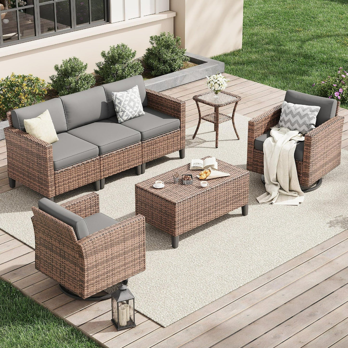 UDPATIO Patio Furniture Set, 7 Pieces Outdoor Furniture Sets with Rocking Swivel Chairs, Wicker Rattan Outdoor Conversation Set with Storage Table and Waterproof Covers for Backyard, Deck, Porch