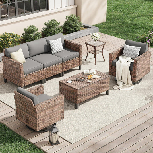 UDPATIO Patio Furniture Set, 7 Pieces Outdoor Furniture Sets with Rocking Swivel Chairs, Wicker Rattan Outdoor Conversation Set with Storage Table and Waterproof Covers for Backyard, Deck, Porch