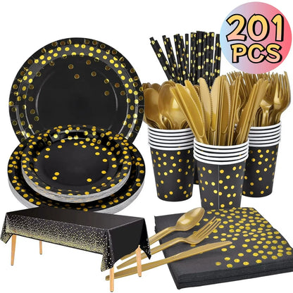 201Pcs Black and Gold Party Supplies, Dots Dinnerware Set for 25 Guests, Paper Plates Napkins Straws Plastic Tablecloth Forks Knives Spoons for Birthday Wedding Christmas Cocktail Party Baby Shower