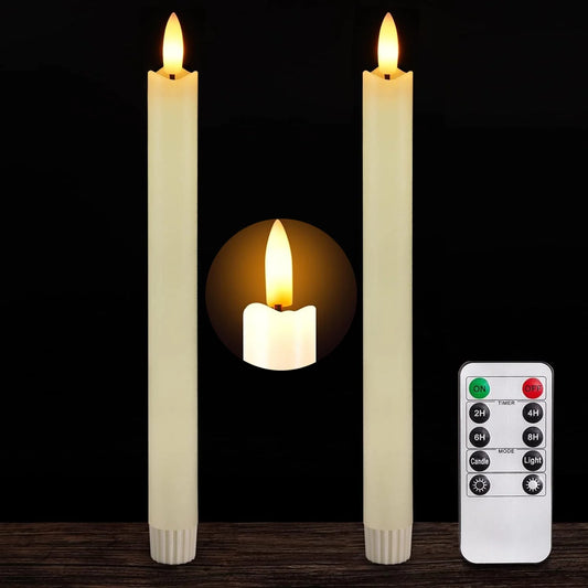 2PCS Real Wax Made Flameless Taper Candles with Remote and Timer, 9.6" Ivory Battery Operated Candle Stick Flickering, Led Taper Candles with Lifelike Flame for Valentine's Day Indo