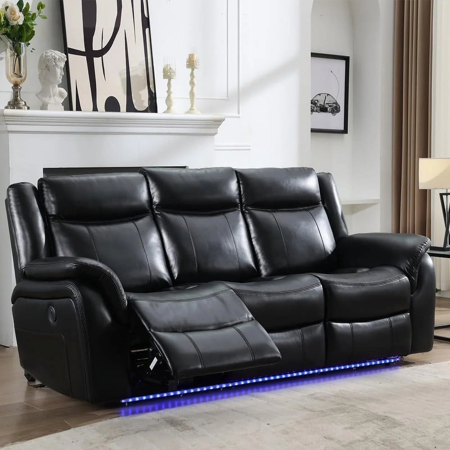 3-Seat Power Recliner Chair Sofa Set for Living Room,Black Faux Leather Electric Home Theater Seating Reclining Sofa Couch with Flipped Middle Backrest,LED Light,USB Port,Cup Holder,Wireless Charger