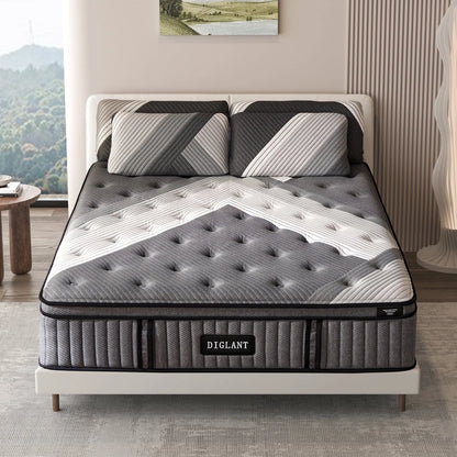 DIGLANT 14 Inch Queen Plush Hybrid Mattress Bed in a Box, 5 Layer Memory Foam with Pocket Springs for Supportive & Pressure Relief with Soft Fabric,100 Nights Trial,60"*80"*14"
