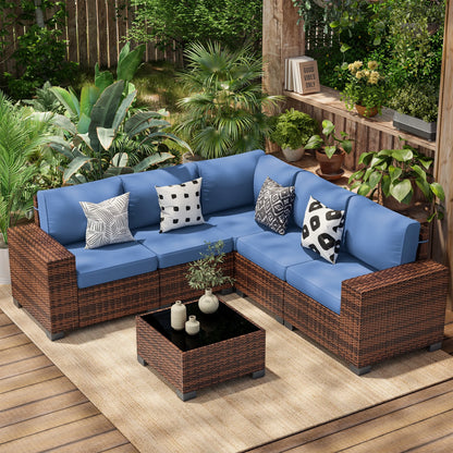 UDPATIO 6-Piece Patio Furniture Set, Outdoor Patio Sofa Set With Wide Armrest, All-Weather Wicker Rattan Guest Set With Cushion And Glass Table And Waterproof Cover, Brown & Navy Blue