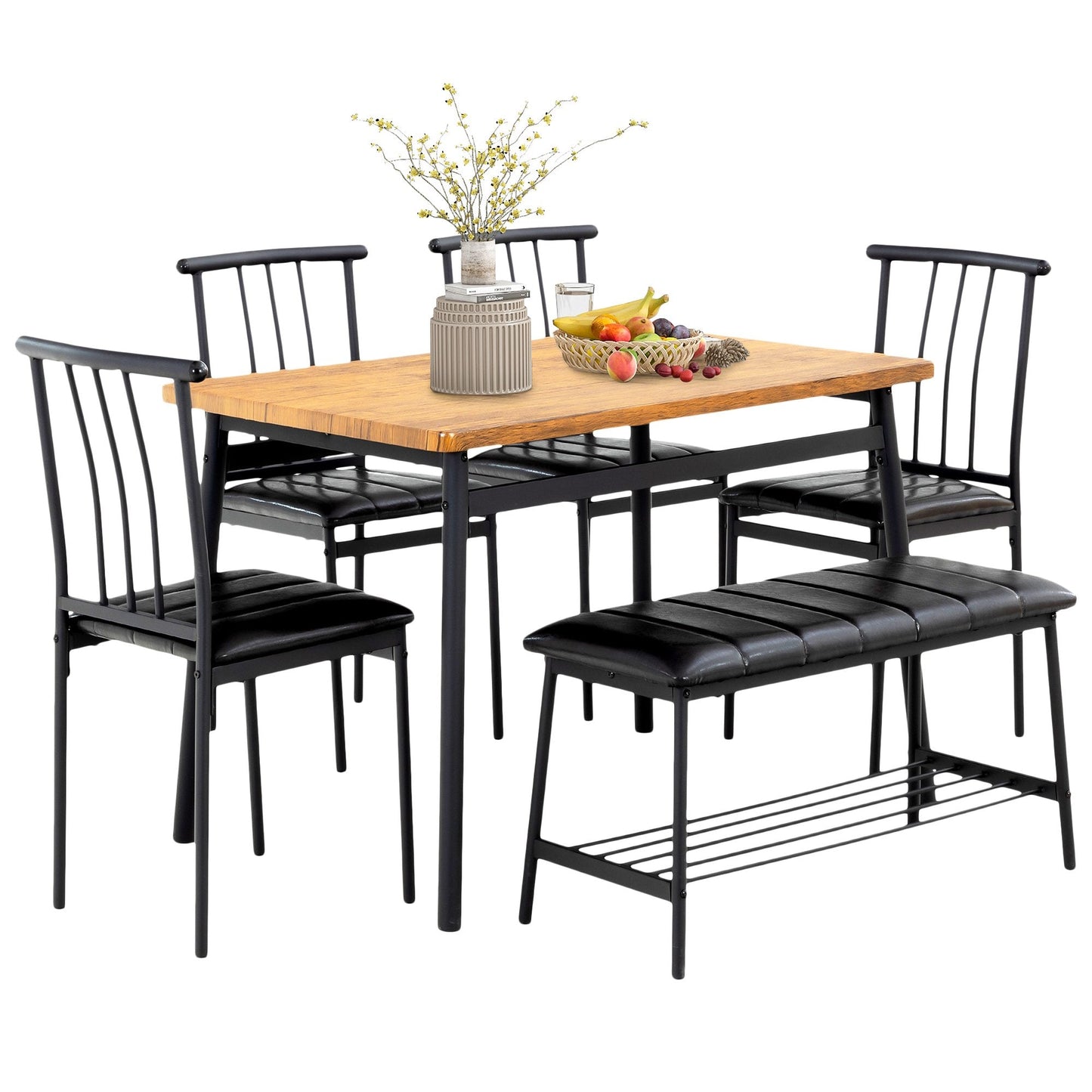 PAPROOS Dining Table Set for 6, Modern 6 Pcs Kitchen Table Set with Wooden Top and Metal Frame, Dinette Sets for Breakfast Nook, Dining Room Table with Upholstered Chairs and Bench Set, Brown&Black