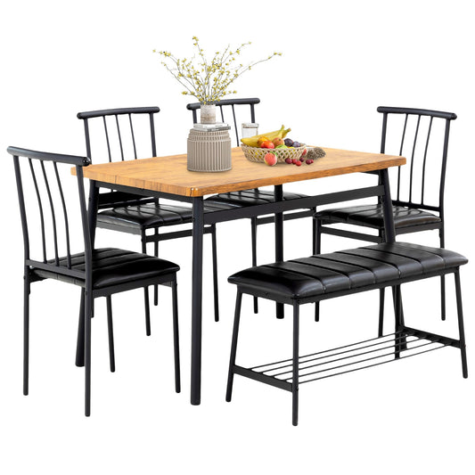 PAPROOS Dining Table Set for 6, Modern 6 Pcs Kitchen Table Set with Wooden Top and Metal Frame, Dinette Sets for Breakfast Nook, Dining Room Table with Upholstered Chairs and Bench Set, Brown&Black