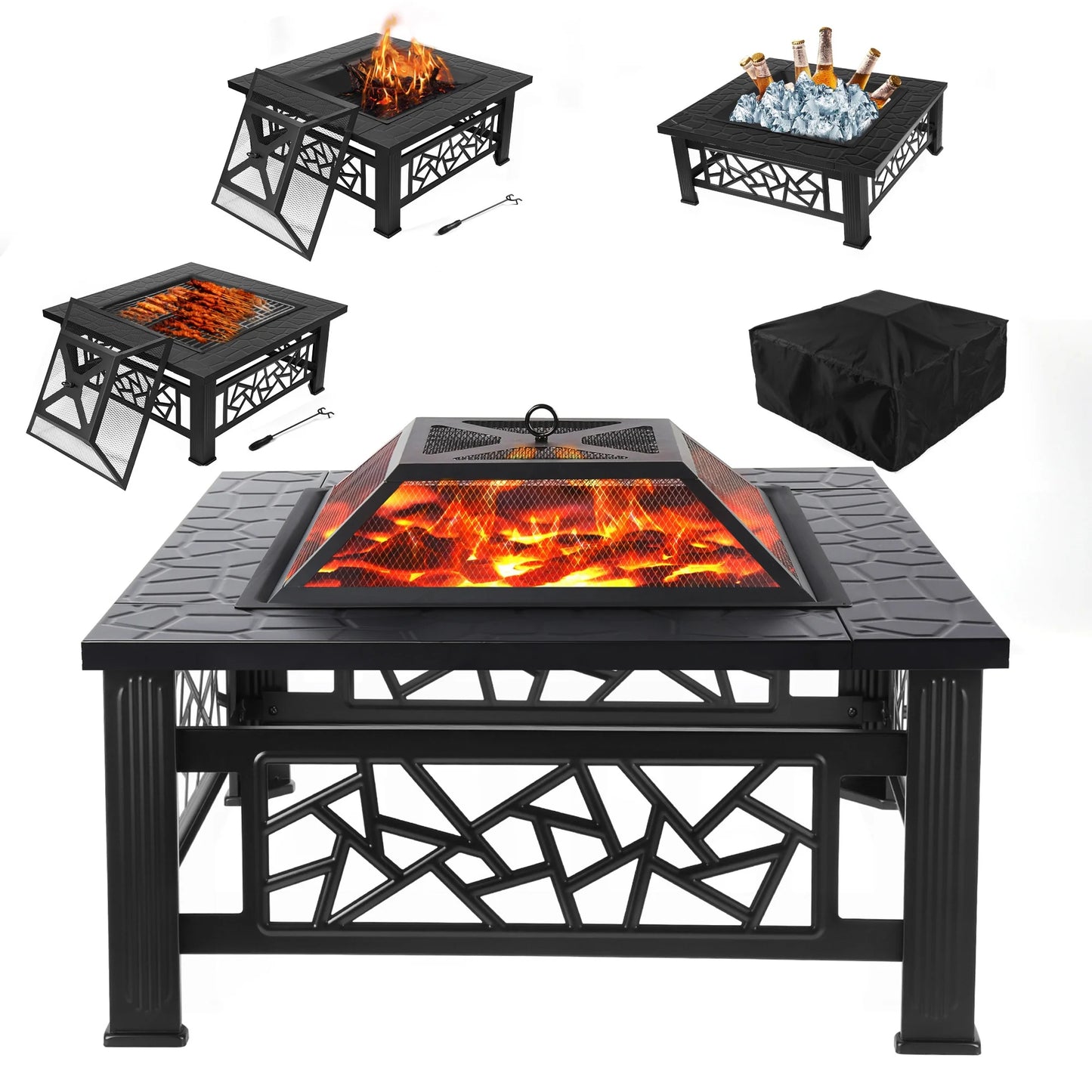UHOMEPRO 32" Square Fire Pit Table, Portable Wood Burning Outdoor Firepit with Grill & Accessories, Geometric Design for Patio, Backyard, Camping (Black)