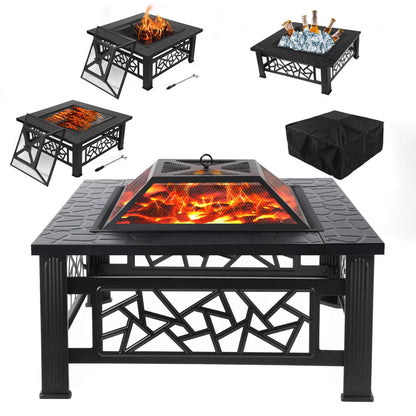 UHOMEPRO 32" Square Fire Pit Table, Portable Wood Burning Outdoor Firepit with Grill & Accessories, Geometric Design for Patio, Backyard, Camping (Black)
