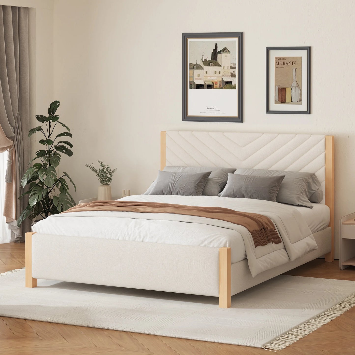 SESSLIFE Upholstered Platform Bed Frame with Tufted Headboard, Modern Queen Size Bed Frame with Solid Wood Legs, Mid-Century Platform Bed for Adults Kids, No Box Spring Needed, Beige