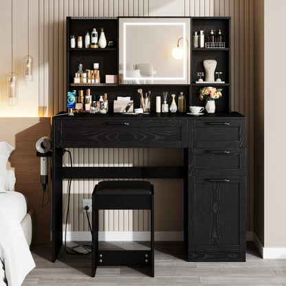 Sesslife Vanity Set with Sliding LED Light Mirror, Black Makeup Desk with Cushioned Stool, Charging Station, Drawers, Storage Cabinet and Hair Dryer Rack, Modern Dressing Table Set for Women Girls