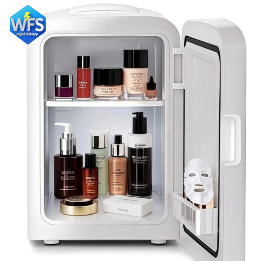 Auseo Mini Fridge Cooler Personal, Countertop, Holds up to 4L/6 Cans, Front Door Stainless Steel, 12v AC/DC, Option for Skincare, Makeup, Drinks, Elegant White