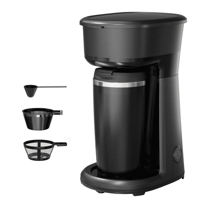 Moifoi Mini Single Serve Coffee Maker, Portable Coffee Maker with 14Oz Thermal Travel Mug, Reusable Filter, Black