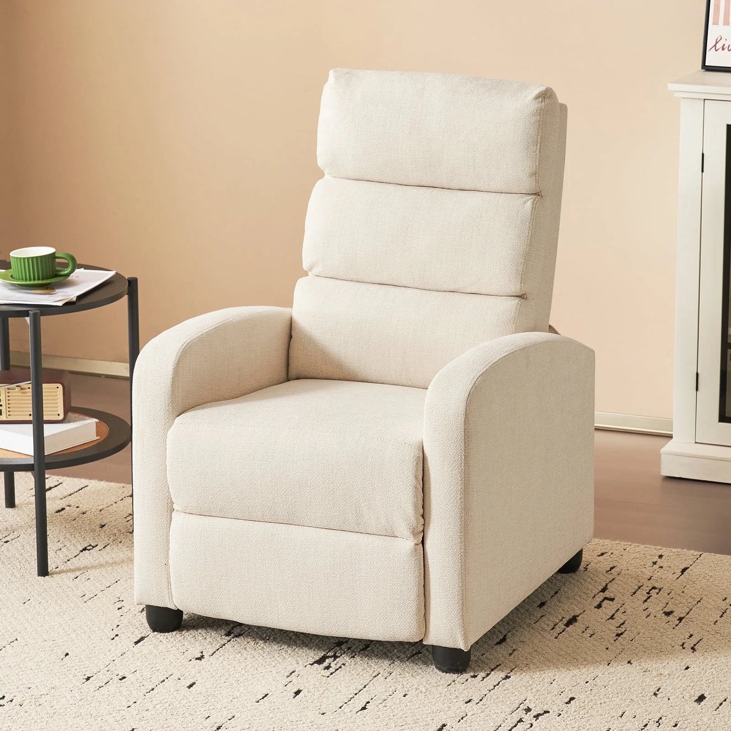 Furniliving Manual Recliner Chair, Upholstered Recliner Sofa with Footrest and Arms, Adjustable Modern Single Sofa with Padded Seat Backrest for Living Room, Beige
