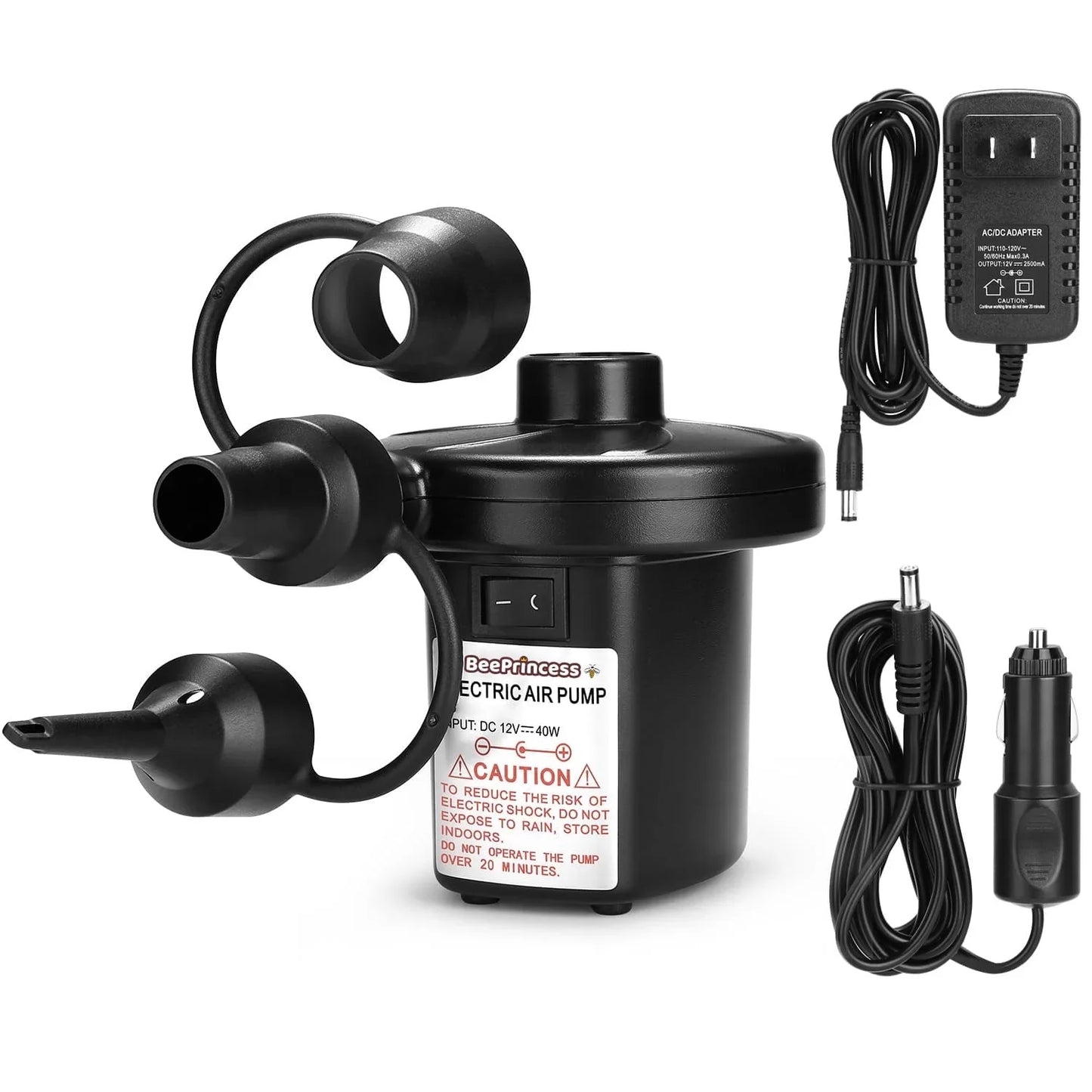 Beeprincess Electric Air Pump 3 Nozzles 110V AC 12V DC Quick Fill Inflator Deflator Inflatable Cushions Mattresses Boats Swimming Rings
