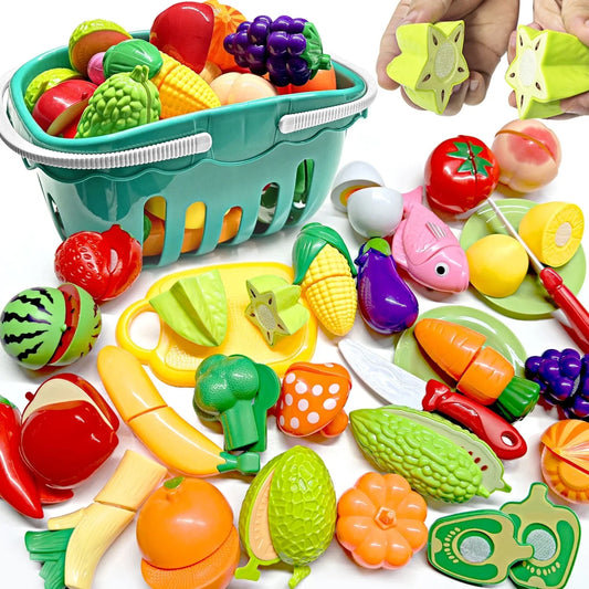 BeePrincess 30pcs Cutting Play Food Set Toy for Kids Kitchen, Pretend Food Toy for Toddlers Age 1-3, BPA-Free Cutting Play Fake Food/Vegetable/Fruits Play Kitchen Toys Accessories with Storage Basket