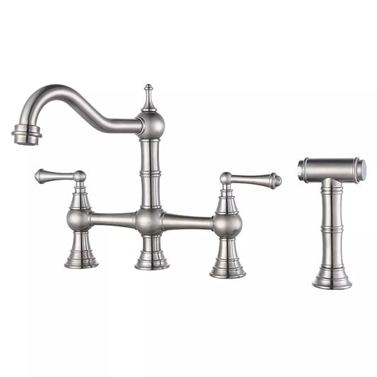 WOWOW Double Handle Bridge Kitchen Faucet with Side Sprayer in Brushed Nickel