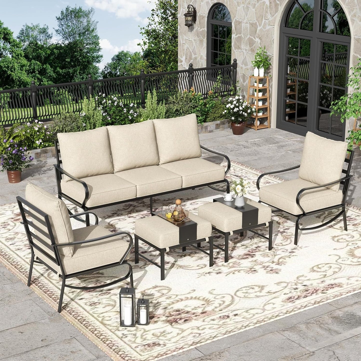 UDPATIO Patio Furniture Set,Metal Patio Furniture Sets,Beige Modern Outdoor Furniture,5 Piece Outdoor Patio Furniture with 5.75" Extra Thick Cushion for Backyard,Garden（Include Waterproof Covers）