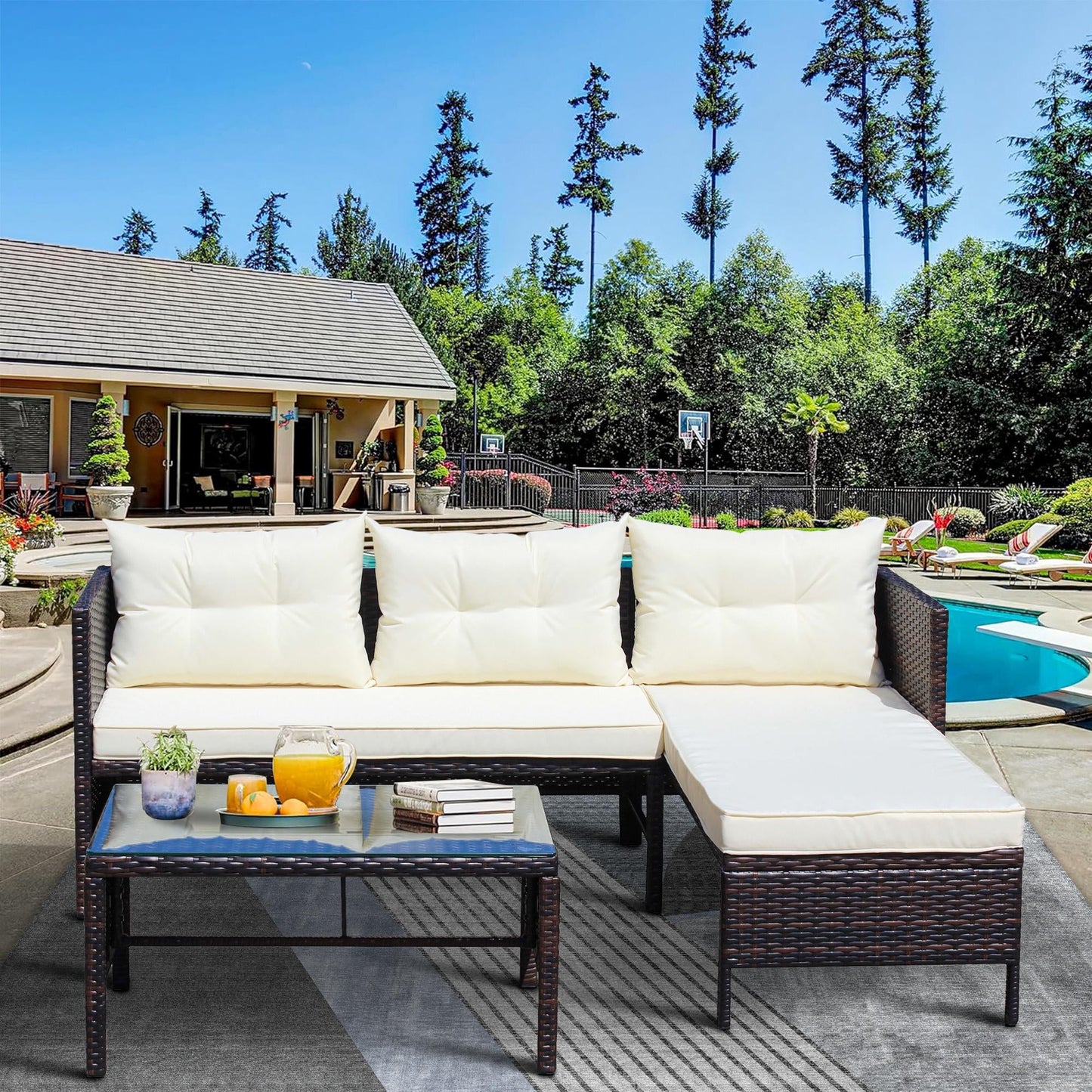 Segmart 3-Piece Outdoor Patio Furniture Sets, Wicker PE Rattan Conversation Loveseat Sofa Set with Tempered Glass Coffee Table, Sectional Couch for Porch Poolside Backyard, Beige, S8517