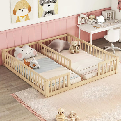 Dolonm Double Twin Floor Bed with Fence, Guardrails, Without Door