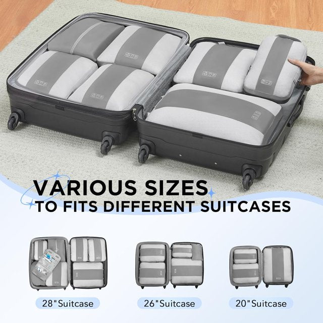 OKAKA 6 Set Compression Packing Cubes Travel Accessories Expandable Packing Organizer Bags Mesh Lightweight,Beige