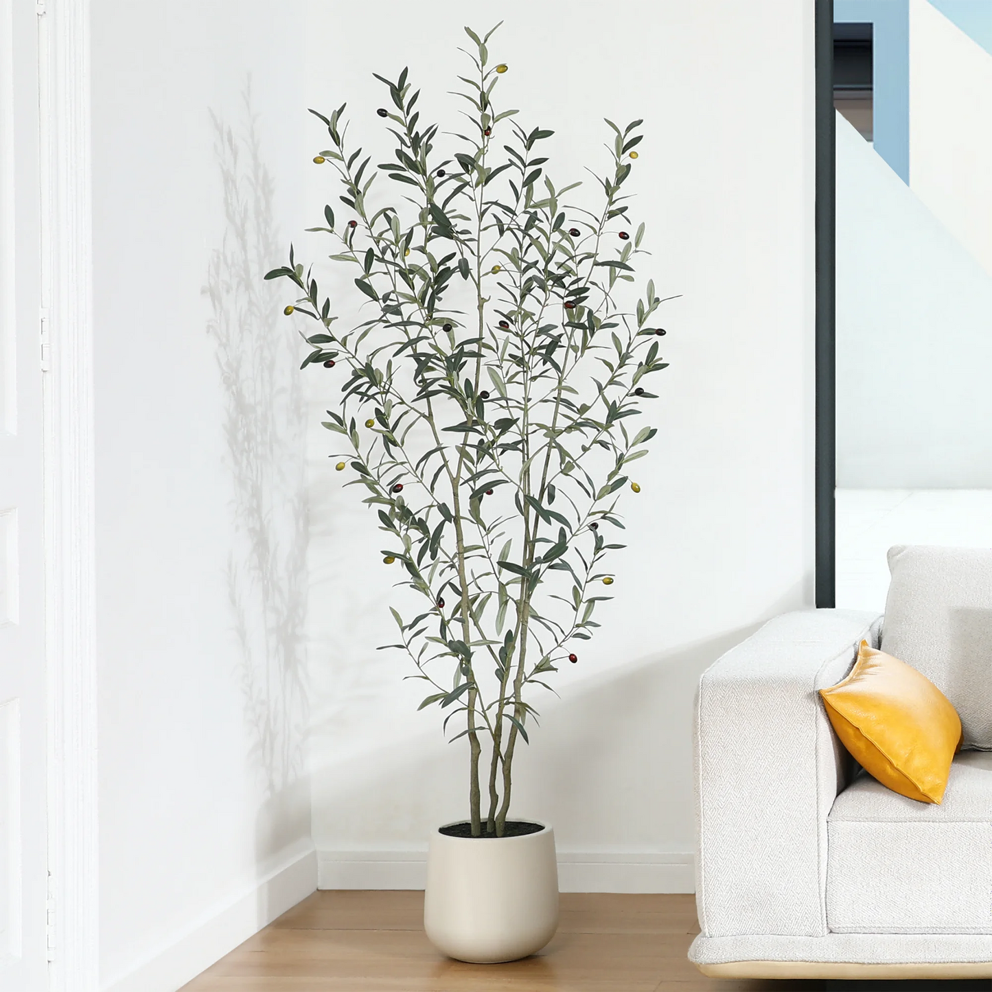 6ft Fake Plastic Olive Tree with Oval White Planter, Pre Potted Faux Greenry Plant for Home Decor Office House Living Room Indoor Outdoor, Big Fake Plants Fake House Plants