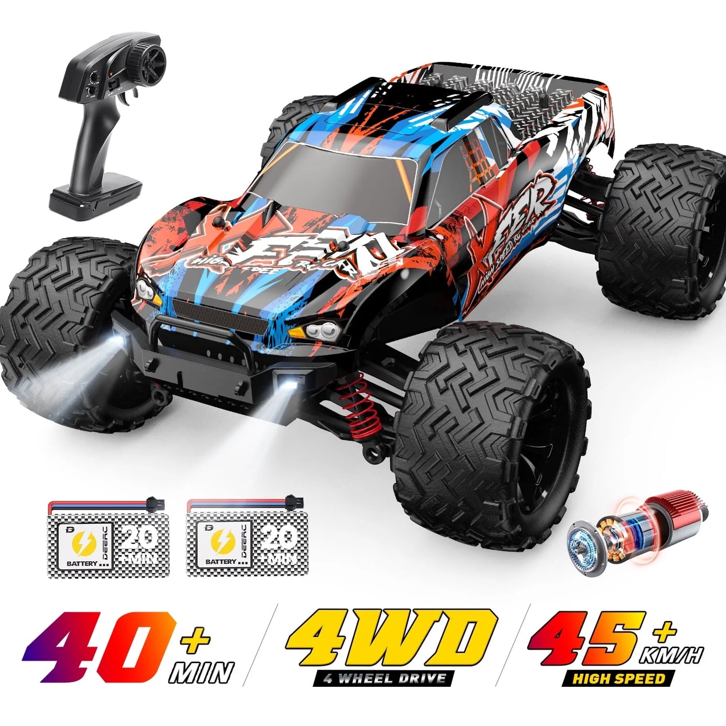 JoyStone RC Cars High Speed Remote Control Truck, 1:16 Scale 30+MPH RC Vehicle with LED Lights, 4WD All Terrain Offroad Truck with 2 Batteries, Gifts for Kids Adults