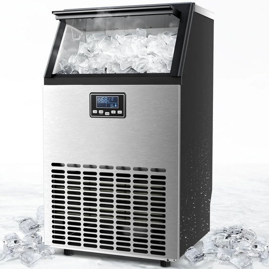 Auseo Commercial Crescent Ice Maker, 100Lbs/24H Stainless Steel, 64Pcs in 11-20 Mins, 2 Water Adding Modes, Companies/Families/Bars