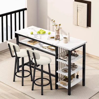 Hooseng 3-Piece Dining Room Table Set with 2 Upholstered Bar Stools, Modern Farmhouse Style Bar Table Set for 2 with Multiple Tier Storage Shelves