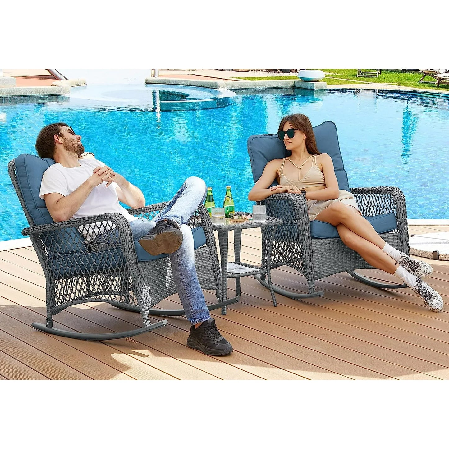 UDPATIO 3 Piece Patio Set Rocking, Rattan Outdoor Rocking Patio Bistro Set for Backyard, Porch, Balcony, Poolside(Blue)
