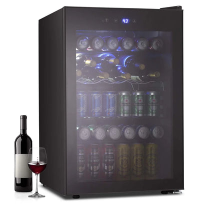 Auseo 145 Cans Beverage Refrigerator Cooler, Black Glass Door, Adjustable Shelf, Bar/Office/Home, Black