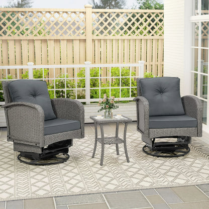 SEGMART 3 PCS Patio Swivel Rocker Set, PE Rattan Swivel Bistro Table Set, Outdoor Conversation Set with Glass Tabletop and Cushions for Balcony Patio Deck Poolside