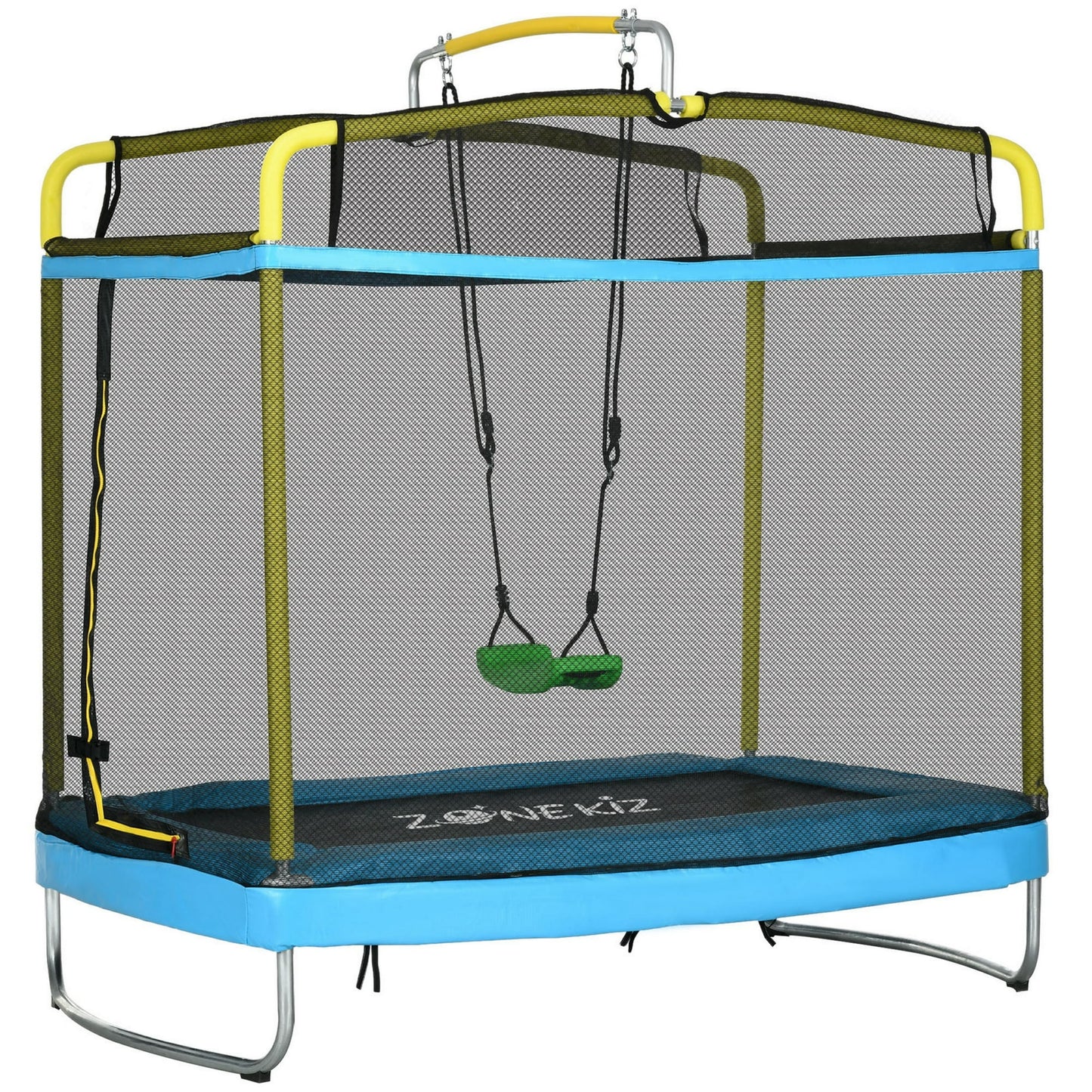 6FT Kids Trampoline with Horizontal Bar and Swing, Rectangle Toddler Trampoline with Enclosure Safety Net, 3-in-1 Outdoor Indoor Trampoline for Kids, Toddlers, Baby, Blue