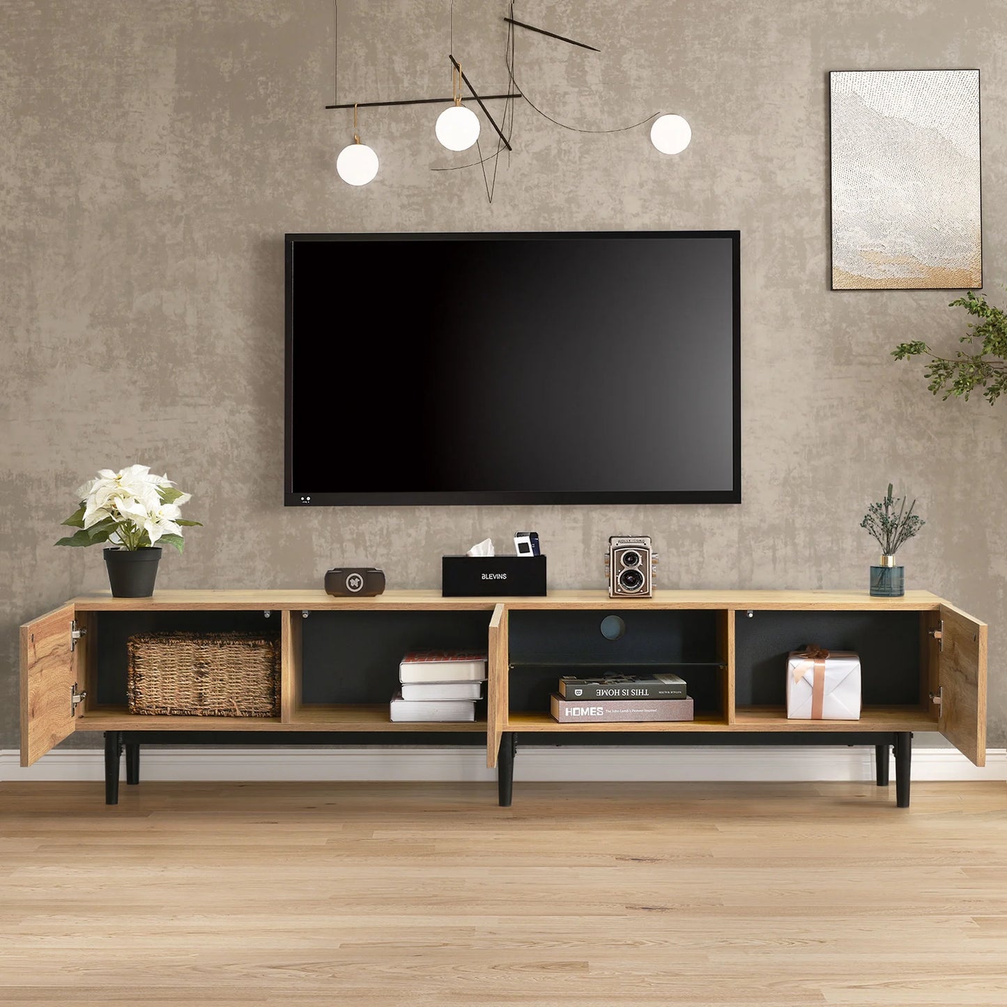 PAPROOS Entertainment Center Scratch Proof & Sturdy 4 Storage Cabinets & Open Shelves, Brown