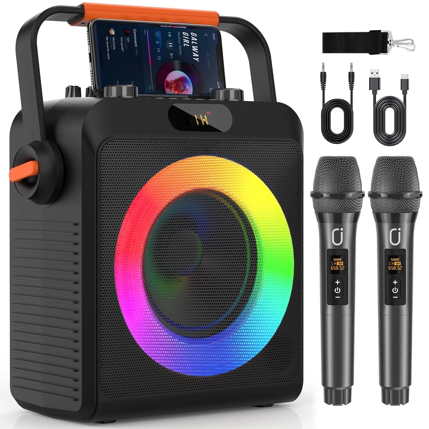 FanFun Bluetooth Speaker, 20W Stereo Sound Party Speaker with DJ Lights, Powerful Deep Bass Outdoor Speaker with 2 Microphones, Portable Speaker with Hands, Shoulder Straps