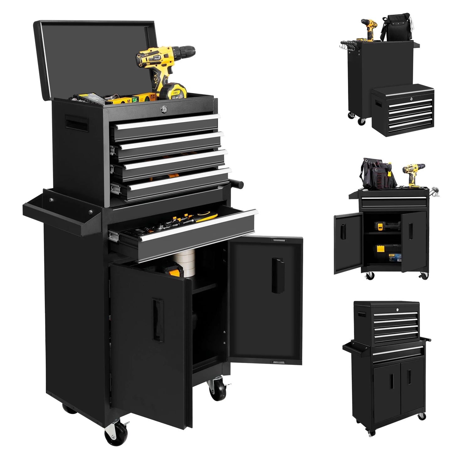 Steelite 26-Inch Tool Chest & Storage Cabinet, 5 Drawers Rolling Tool Chest with Detachable Top Tool Box for Garage Warehouse Workshop, Rolling Garage Organizer with Handle and 6 Hooks