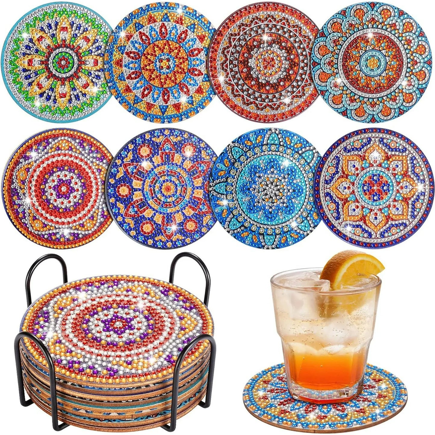 Diamond Painting Coasters with Holder,DIY Datura flower Life Coaster Diamond Art Kitsfor Beginners, Adults Small Diamond Painting Kit Art Craft Supplies(8 Pcs )